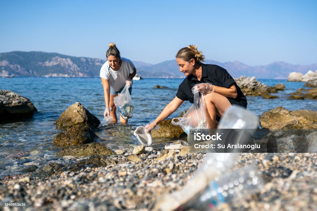 Two volunteer women collect discarded plastic waste by the sea Cleaning Stock Photo