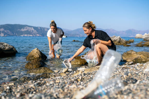 Two volunteer women collect discarded plastic waste by the sea stock photo