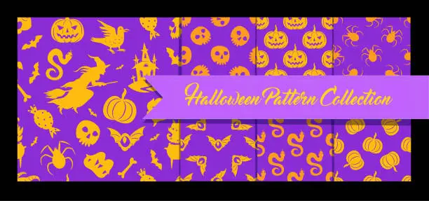 Vector illustration of Halloween seamless patterns set. Vector funny collection with holiday halloween elements