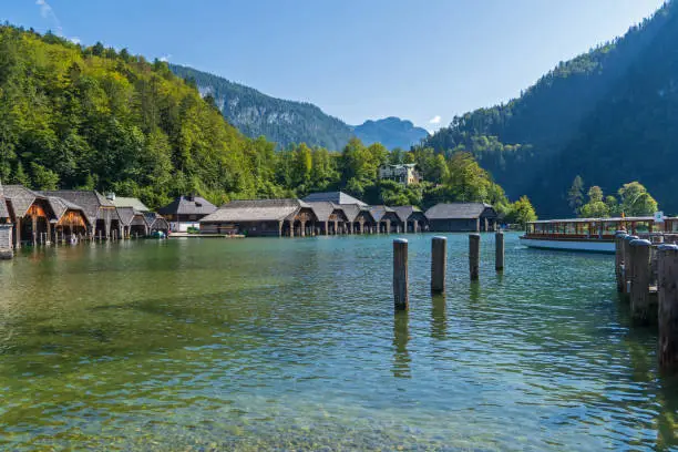 Schönau am Königssee, Germany, September 2021: Panoramic view of Lake Königssee with jetty
