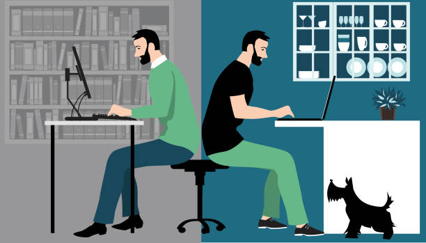 Hybrid work environment Man in hybrid work place sharing his time between an office and working from home remotely, EPS 8 vector illustration work from home stock illustrations