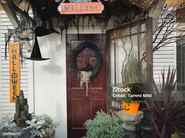 Front Porch Decorated For Halloween Holiday Stock Photo - Download Image Now - Halloween, Front Door, Door