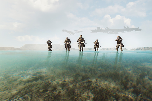 Futuristic soldiers walking on the beach, 3D generated image.
