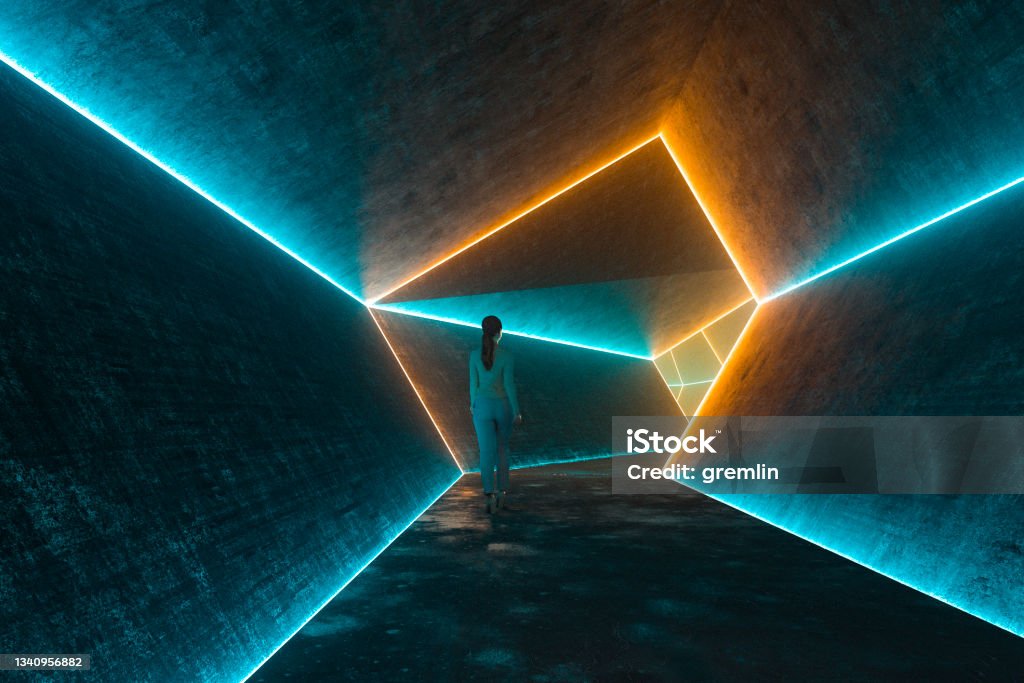 Businesswoman walking in futuristic illuminated dark corridor Businesswoman walking in futuristic illuminated dark corridor, 3D generated image. Lighting Equipment Stock Photo