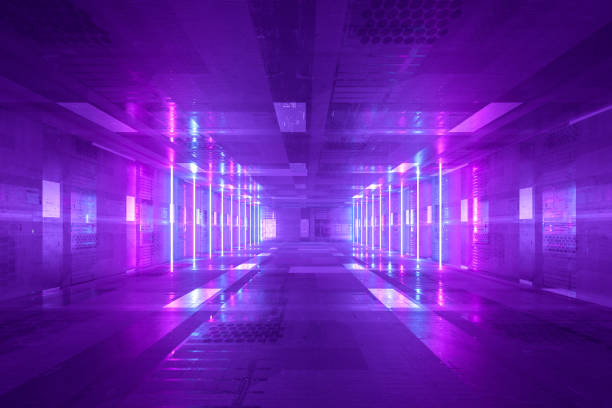 corridoio illuminato futuristico vuoto - light metallic abstract technology foto e immagini stock