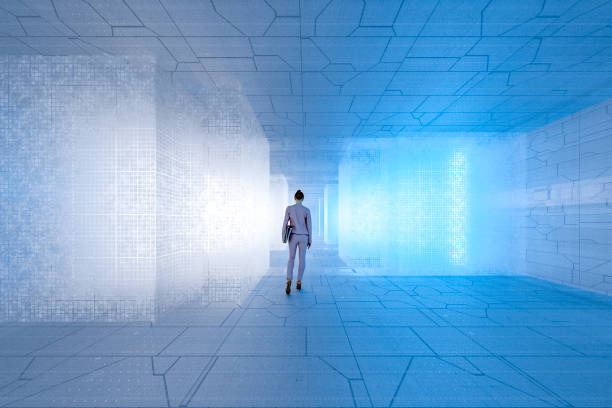 istock Businesswoman walking in futuristic data server room 1340956934