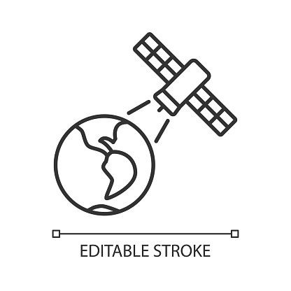 Earth observation process linear icon. Terrestial surface investigation by artifial satelite. Thin line customizable illustration. Contour symbol. Vector isolated outline drawing. Editable stroke