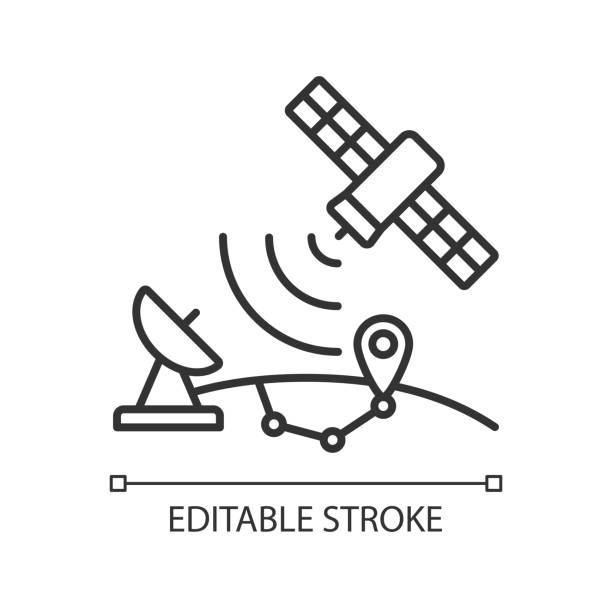 ilustraciones, imágenes clip art, dibujos animados e iconos de stock de icono lineal del sistema de posicionamiento global - satellite global positioning system surveillance satellite dish