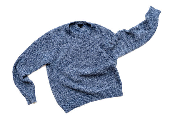 blue sweater isolated on white, casual vintage knitted sweater, wool cardigan, top view - wol stockfoto's en -beelden