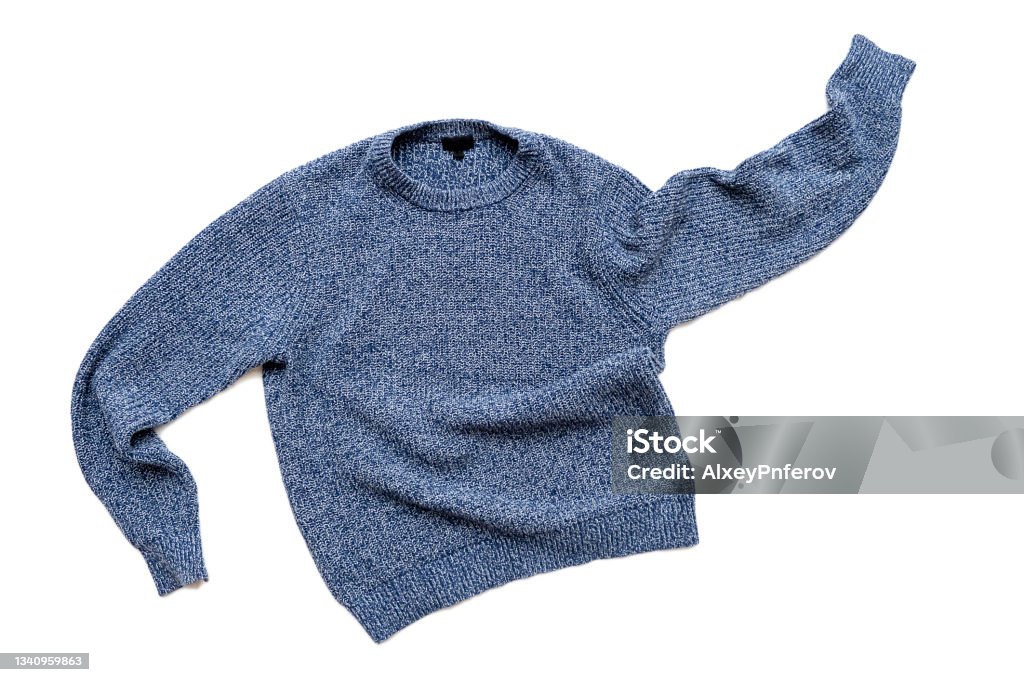 Blue sweater isolated on white, casual vintage knitted sweater, wool cardigan, top view Sweater Stock Photo