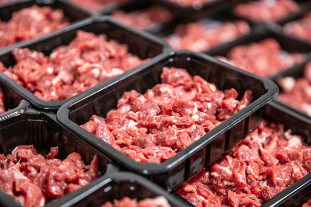 istock Fresh raw diced red beef meat (chopped in cubes) in a styrofoam container with copy space for text. 1340961773
