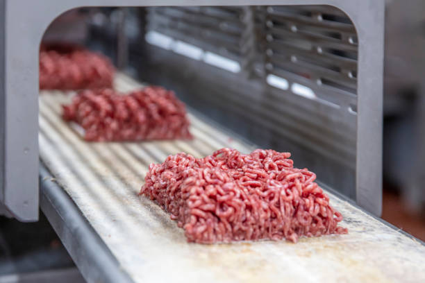 istock Industrial meat grinder. irreplaceable in the modern kitchen electric universal meat grinder. Minced beef flowing from meat. One pound of minced meat on the production line. 1340961863