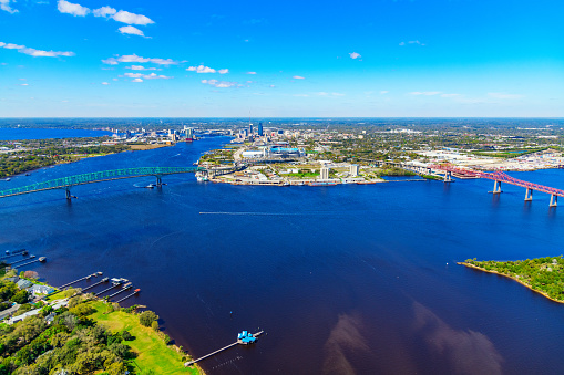 Wide angle aerial view of the beautiful Jacksonville Florida along the St. Johns River and the surrounding communities  from an altitude of about 1000 feet over the city.