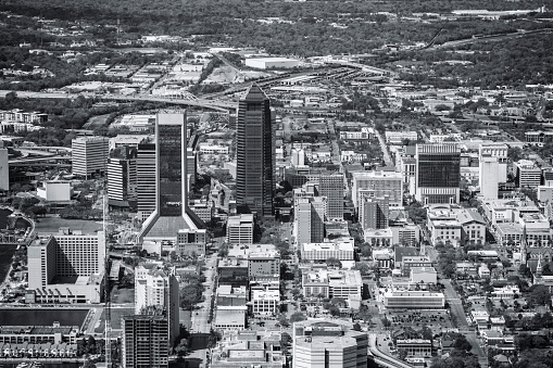 Aerial view of  beautiful downtown Jacksonville Florida from an altitude of about 1000 feet over the city.