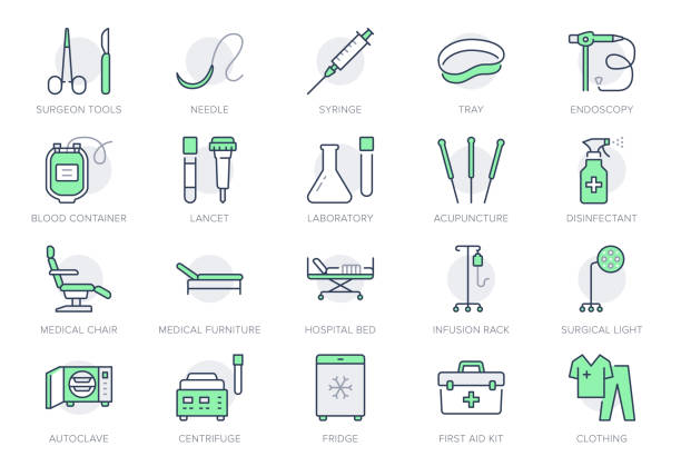 medical equipment line icons. vector illustration include icon - blood bag, scalpel, medical furniture, needle, endoscopy outline pictogram for healthcare store. green color, editable stroke - santrifüj stock illustrations