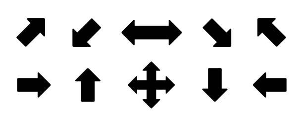 ustaw ikonę strzałki. zbieranie różnych znaków strzałek w prawo, w lewo, w górę, w dół. czarne wektorowe elementy abstrakcyjne - vector interface icons arrow sign two objects stock illustrations