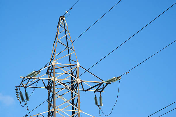 istock Top of high-voltage power line grey metal tower 134096613