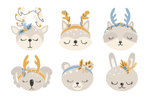 Collection of Christmas cute animals, merry Christmas illustrations of deer, fox, raccoon, hare, cat and koala with winter accessories.