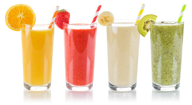 смузи смузи фруктовый сок коллекция напитки фрукты стакан выделен на белый - smoothie fruit orange juice стоковые фото и изображения
