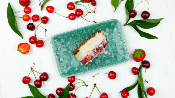 Delicious homemade pie on a blue wooden table. Top view