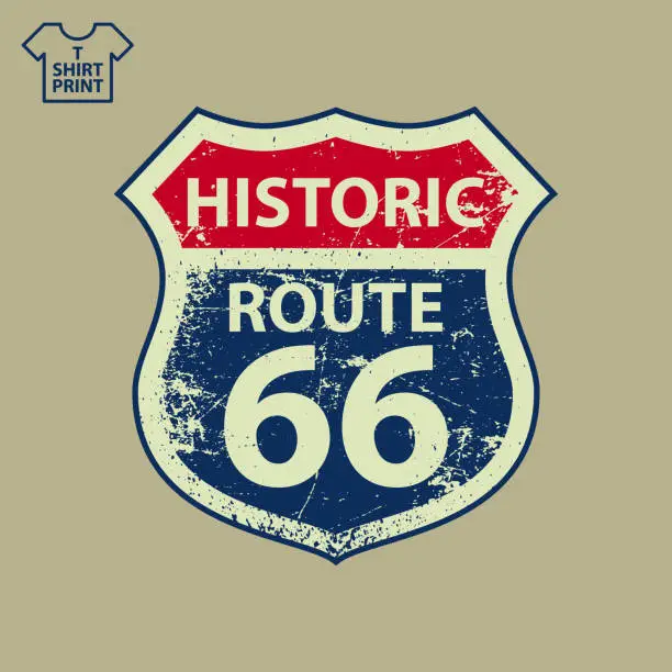 Vector illustration of America s Highway 66 Main Street Road Sign in Grunge Style. Will Rogers Highway Signpost for T-shirt, Hoodie, Decoration. Vector illustration.