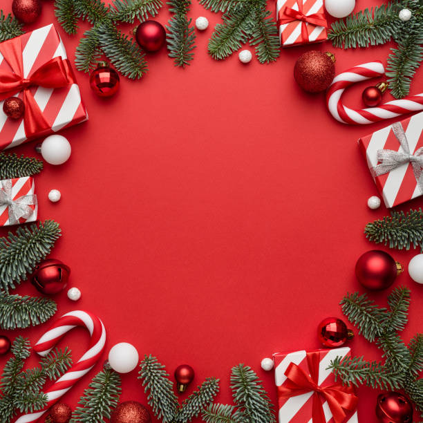istock Red Christmas template for design with festive frame on red background 1340980212