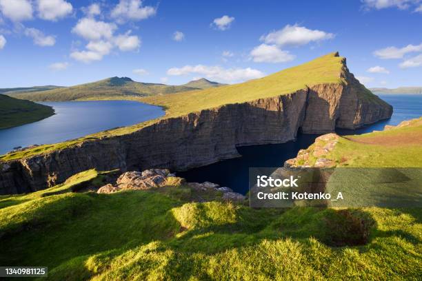 Leitisvatn Or Sorvagsvatn Lake Above The Ocean On Vagar Island Faroe Islands Stock Photo - Download Image Now