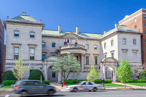 Anderson House is a Historic mansion located at 2118 Massachusetts Avenue, NW, on Embassy Row in the Dupont Circle neighborhood of Washington, D.C., USA. It now houses the Society of the Cincinnati's international headquarters and a research library on 17th and 18th century military and naval history. It is also open for free to the public as a historic house museum about life in Washington in the early 20th century. Clear Blue Sky is in background. Canon EF 24-105mm/4L IS USM Lens.