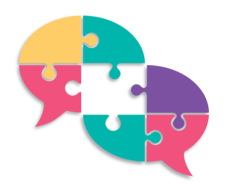 Pastel colored puzzle piece speech bubbles with shadows on a white background.