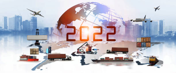 2022 newyear of the world logistics , there are world map with logistic network distribution on background and logistics industrial container cargo freight ship for concept of fast or instant shipping - mundial 2022 imagens e fotografias de stock