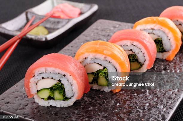 Salmon And Tuna Sushi Roll Stock Photo - Download Image Now - Asia, Black Color, California Roll