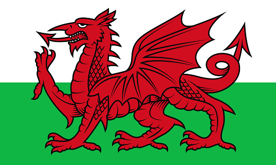 The flag of Wales. Drawn in the correct aspect ratio. File is built in the CMYK color space for optimal printing, and can easily be converted to RGB without any color shifts.