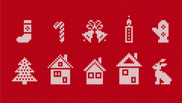 Knitted xmas elements. Vector illustration. Christmas ugly seamless print. Christmas ugly elements. Knit seamless pattern. Sweater border. Red texture with bells, tree, stocking and house. Knitted print. Xmas ornament. Vector illustration knitted stock illustrations