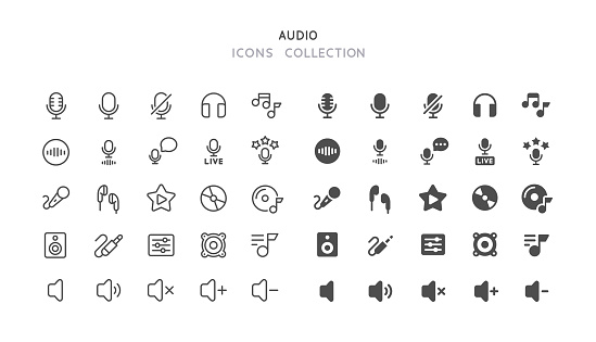 Set of audio vector icons. Line and flat design. Editable line stroke.