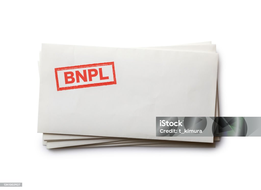 Buy Now Pay Later concept BNPL stamp on paper envelopes Urgency Stock Photo