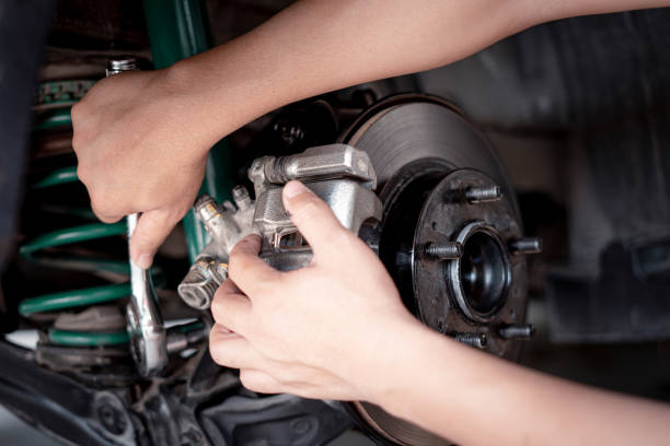 istock Home service concept : A Man using a wrench to remove the locking nut of Brake caliper in service shop maintenance concept brake system 1341008290