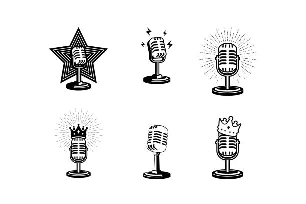ilustrações de stock, clip art, desenhos animados e ícones de retro microphone vector illustration. design element for podcast or karaoke logo, label, emblem, sign. - microfone