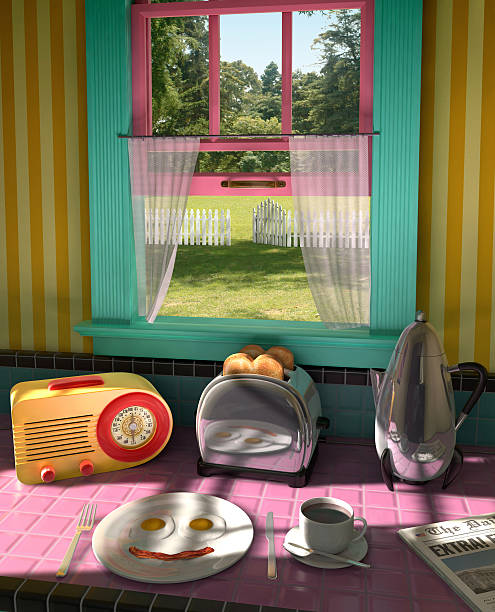 20th Century Breakfast Retro kitchen from the 50s showing a retro radio, toaster, percolator, plate of fried eggs and bacon, coffee and the morning news showing an outdoor lawn with a picket fence through an open window breakfast room stock pictures, royalty-free photos & images