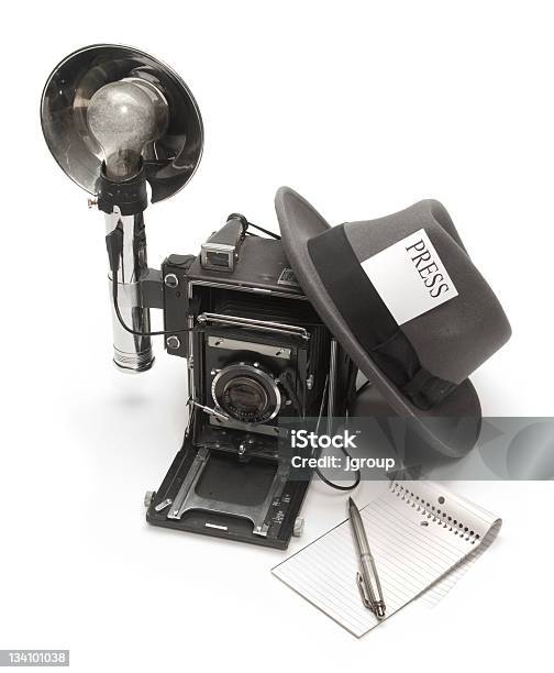 Old Fashioned Reporter Equipment Camera Notepad And Hat Stock Photo - Download Image Now