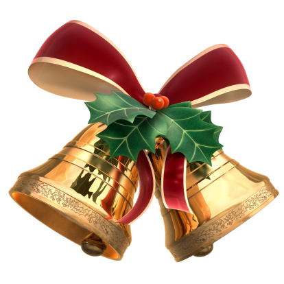 A Piece of Holly leaf and two bells tied by a ribbon on a white background. Includes Clipping Path!!