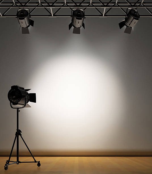 Spot Lit Wall A vintage theater spotlight setup, lighting up a white paper background stage set design stock pictures, royalty-free photos & images
