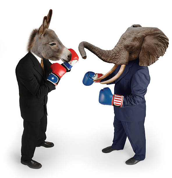 Democrat vs. Republican on white US Republican and Democrat mascots represented by a donkey and an elephant face off in business suits with red white and blue boxing gloves on white background rnc stock pictures, royalty-free photos & images