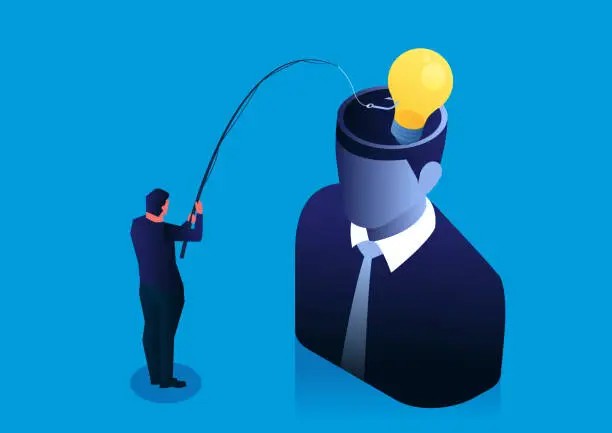 Vector illustration of Businessman fishing with light bulb inside giant head, creative plagiarism and theft, concept of knowledge copyright
