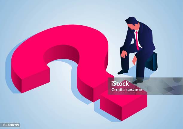 Encountered Problems And Troubles Frustrations And Disappointments Isometric Businessman Sitting On Briefcase Facing The Question Mark Stock Illustration - Download Image Now