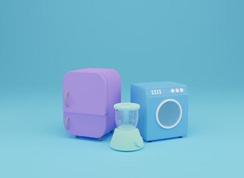 blender,freezer and wash machine 3d render illustration in blue background.good for banner social media promotion