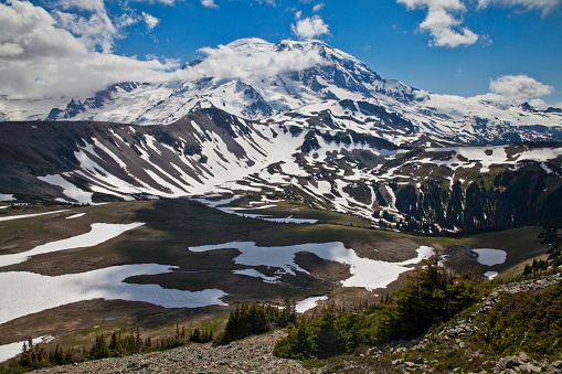 View of Mount Bachelor in Oregon with a reflection in a lake