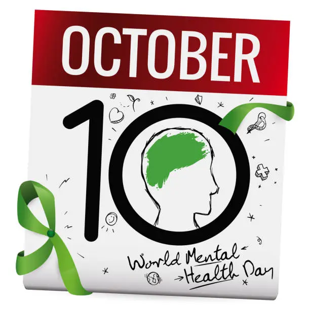 Vector illustration of Calendar with Doodles and Reminder Date for World Mental Health Day