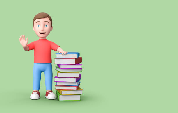 istock Young Student Leaning on a Stack of Books on Green Background with Copy Space 3D Illustration 1341026535