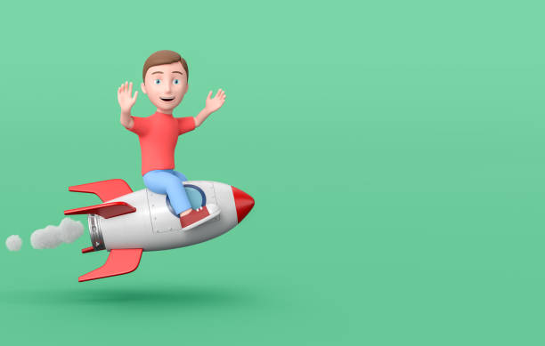 istock Young Kid 3D Cartoon Character Flying Sitting on a Spaceship on Green with Copy Space 1341026556