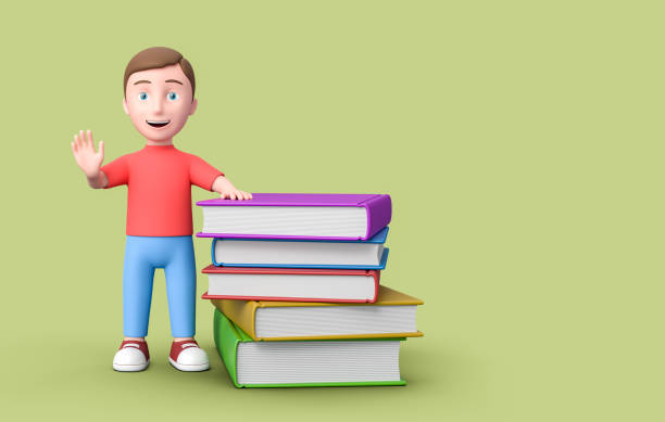 istock Young Student Leaning on a Stack of Books on Green Background with Copy Space 3D Illustration 1341027191